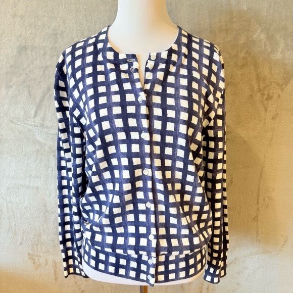 Checkered Square Sweater Cardigan Navy and White Wmn’s M - Picture 1 of 9